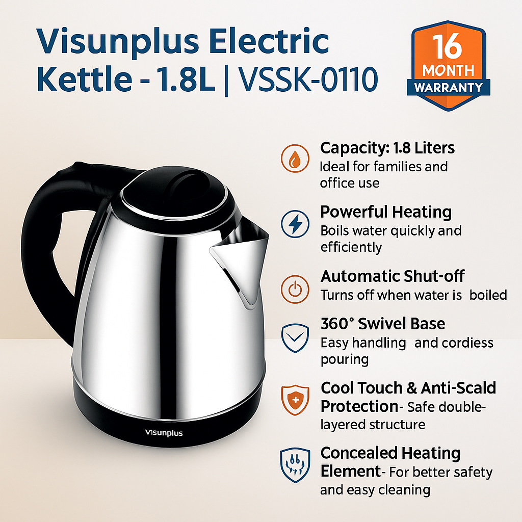 Visunplus VSSK-0110 Electric Kettle – 1.8L | 1500W Stainless Steel with Auto Cut-Off & 360° Base