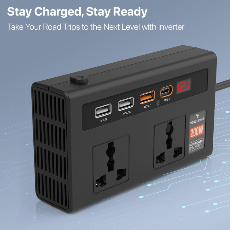 DR VAKU® VoltDrive Pro 7-in-1 200 W Car Laptop Charger | 12 V DC to 220 V AC Power Inverter with 2× AC Outlets, 3× USB, 1× 30 W PD Fast Charging – Ideal for Laptops, Mobiles & Other Devices