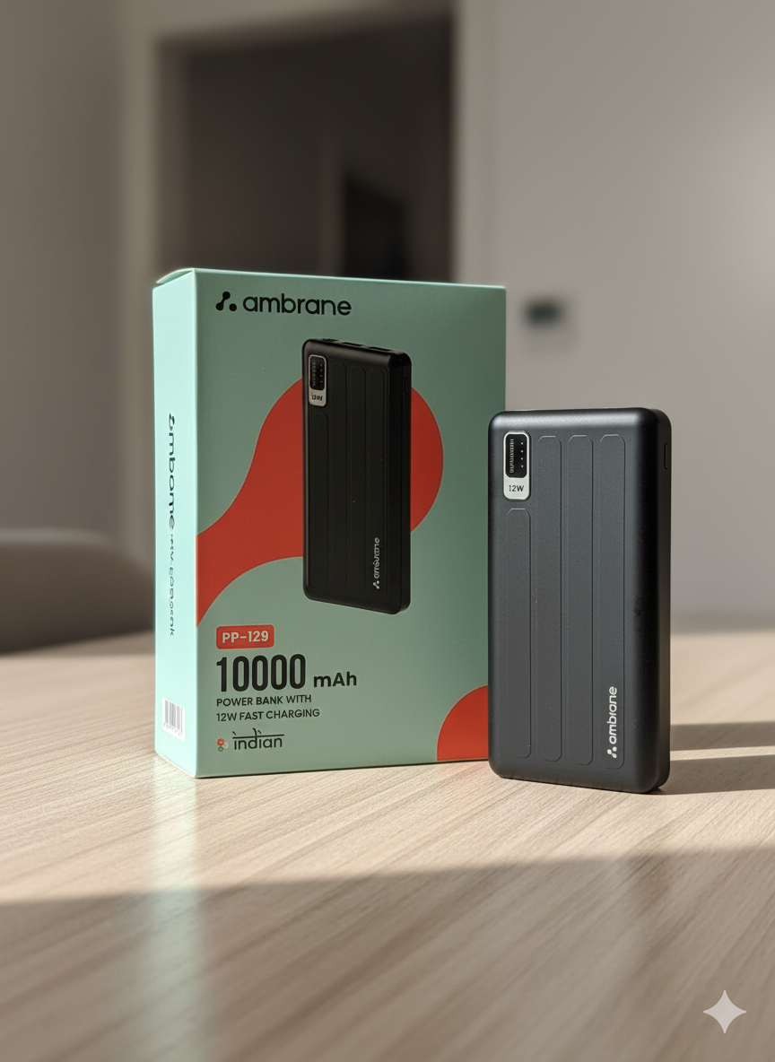 Ambrane PP-129 10,000 mAh Power Bank – Dual USB Outputs, 12 W Fast Charging, Sleek Portable Design