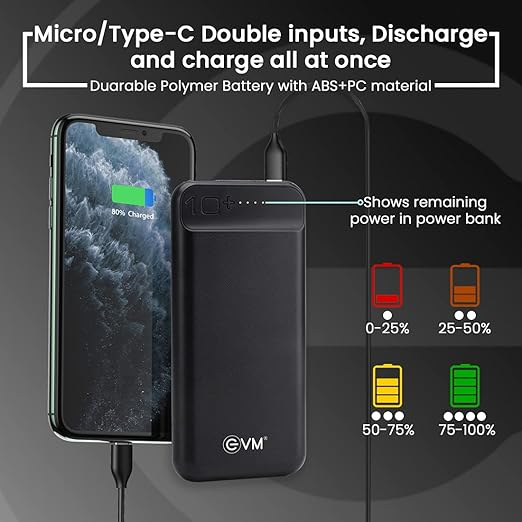 EVM Encharge 10,000 mAh Power Bank – Dual USB Ports, Micro & Type-C Inputs, LED Indicator, Fast Charging, Pocket-Size (Black) with 2 year Warranty