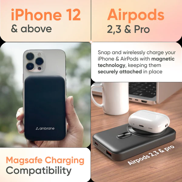 Ambrane Aerosync PB-12 Wireless Power Bank 10000mAh with 15W Fast Wireless Charging, 22.5W PD & QC Output, Dual Input (Type-C & Micro USB), Compact and Portable