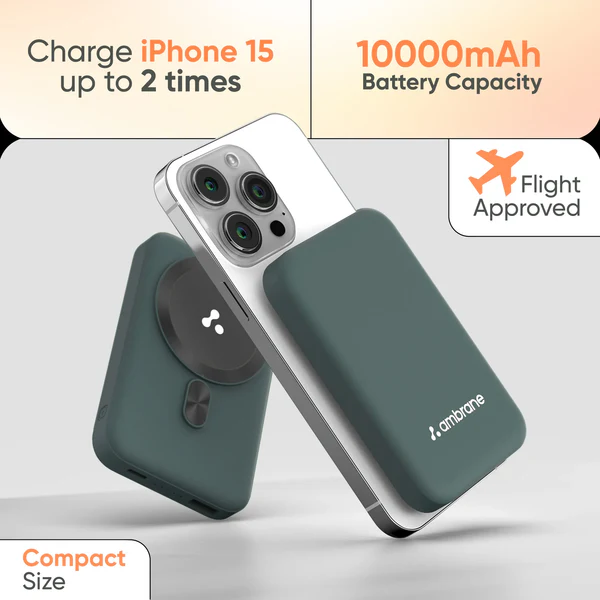 Ambrane Aerosync PB-12 Wireless Power Bank 10000mAh with 15W Fast Wireless Charging, 22.5W PD & QC Output, Dual Input (Type-C & Micro USB), Compact and Portable