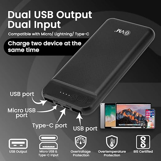EVM Encharge 10,000 mAh Power Bank – Dual USB Ports, Micro & Type-C Inputs, LED Indicator, Fast Charging, Pocket-Size (Black) with 2 year Warranty